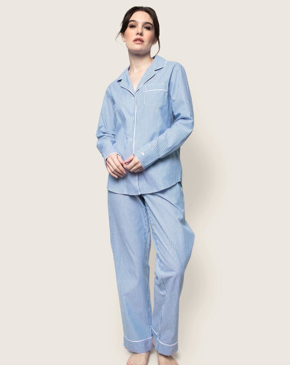 Petite Plume Women's Twill Pajama Set in French Blue Heritage Stripe M